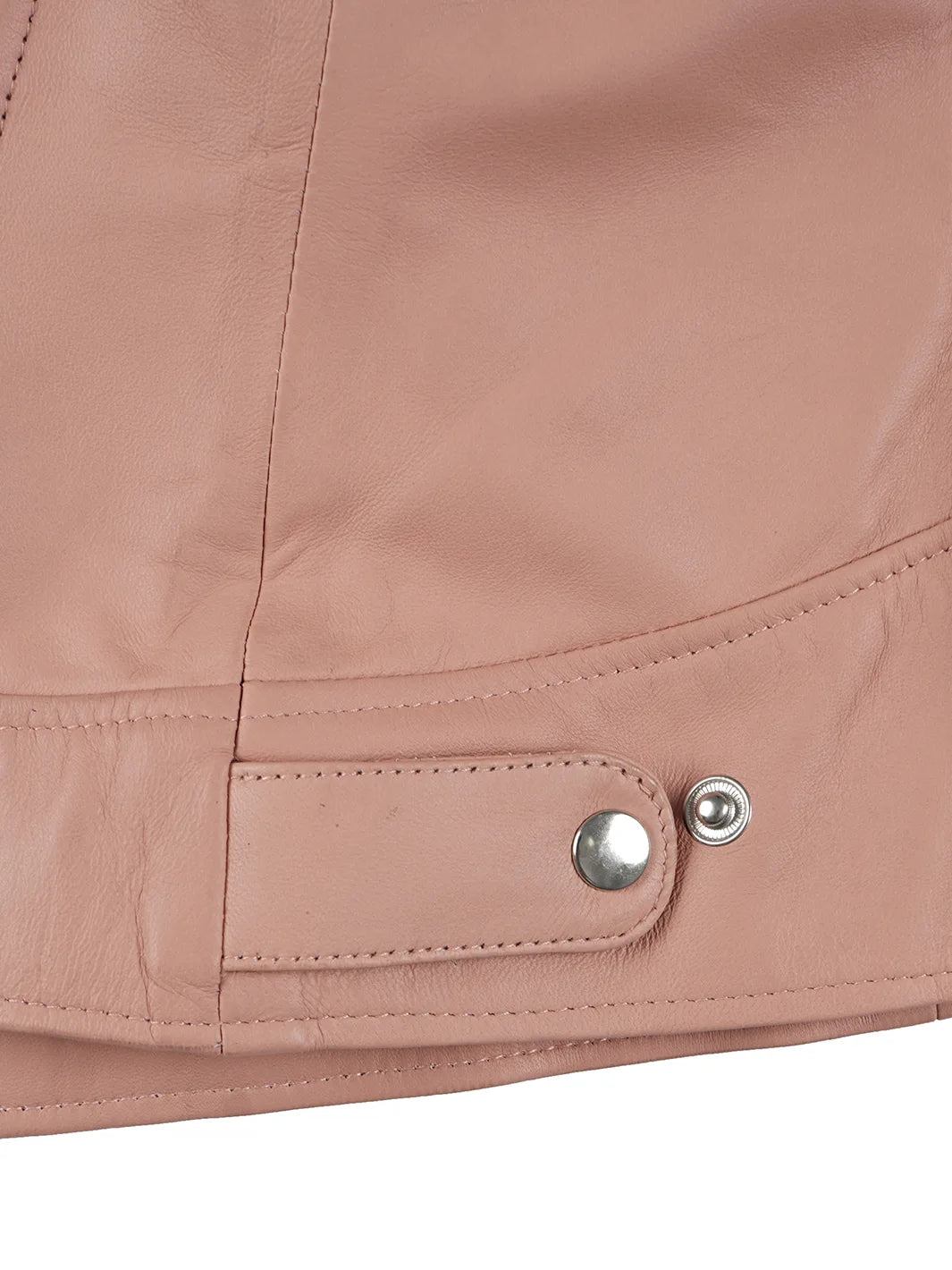 Close-up of a pink jacket with a button and zipper detail on a white background