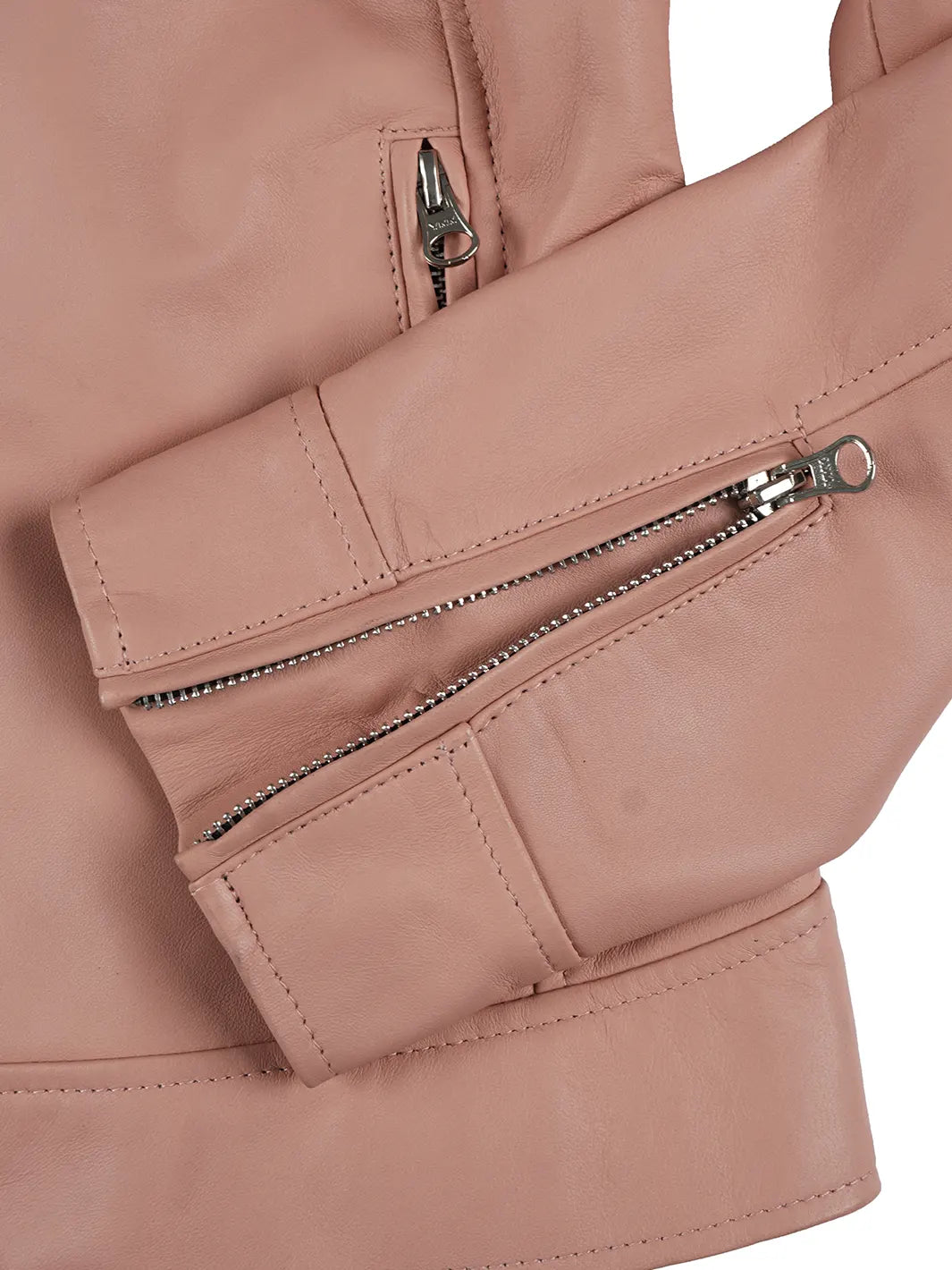 Close-up of a pink leather jacket with zippers on a white background