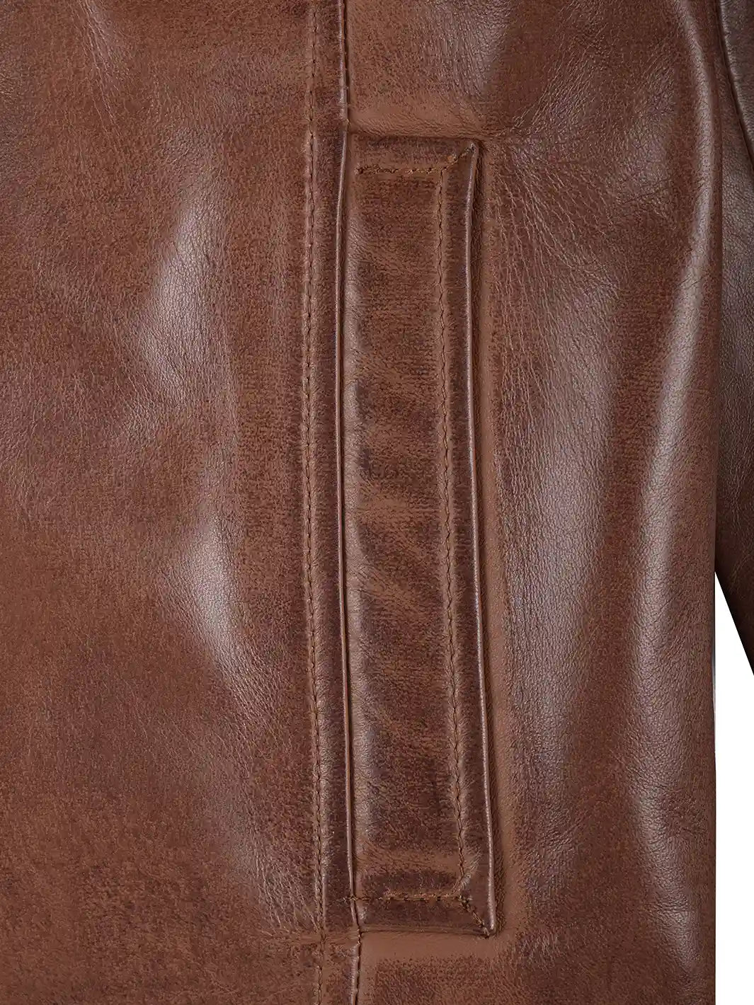 Close-up of a brown leather jacket with stitching detail