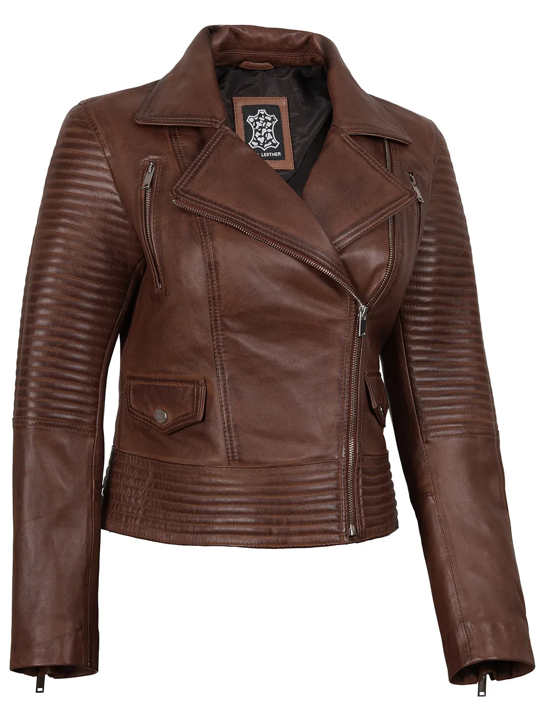 Asymmetrical Cognac Wax Motorcycle Leather Jacket Womens 