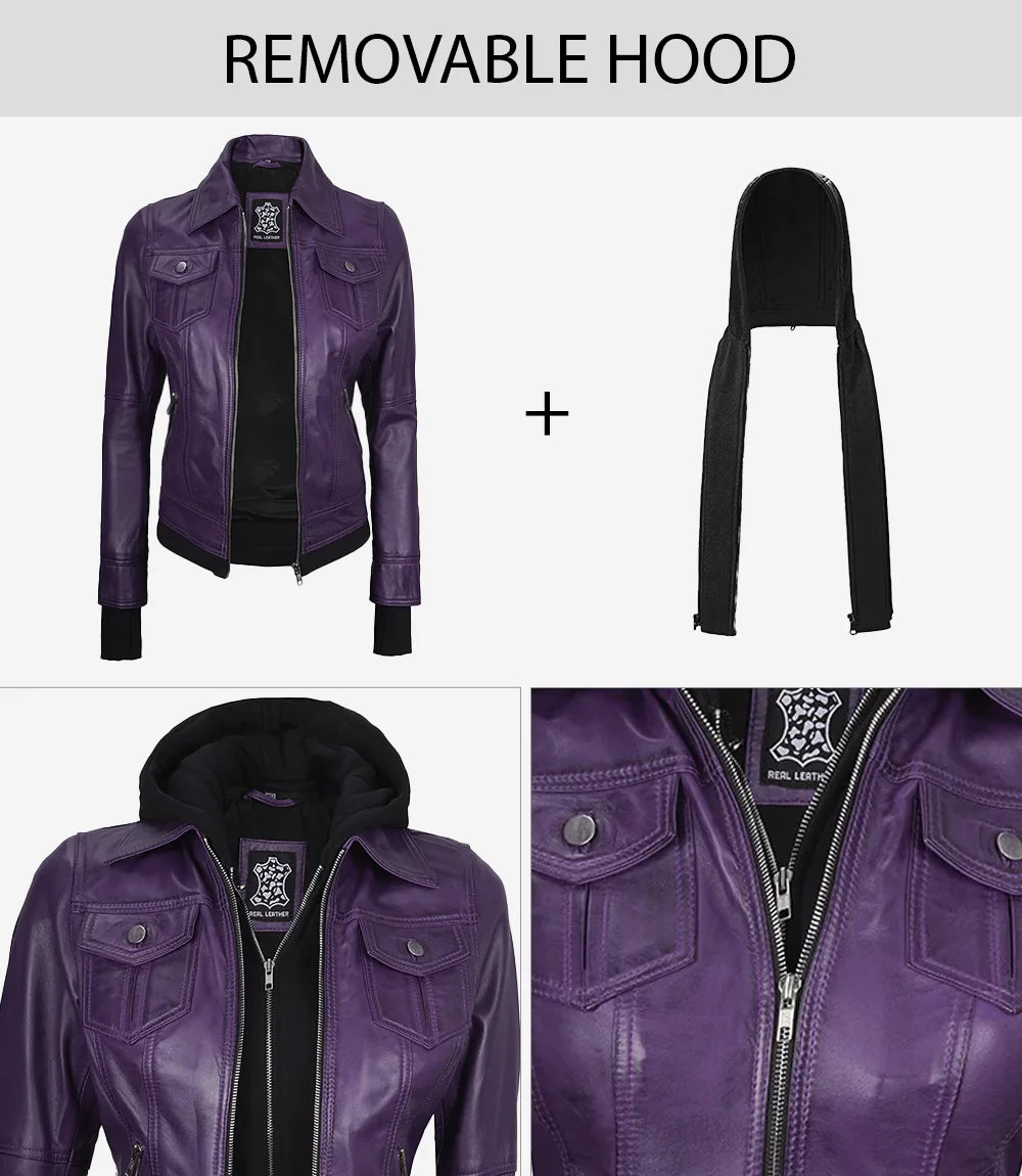 Betty Women's Purple Leather Jacket with Removable Hood
