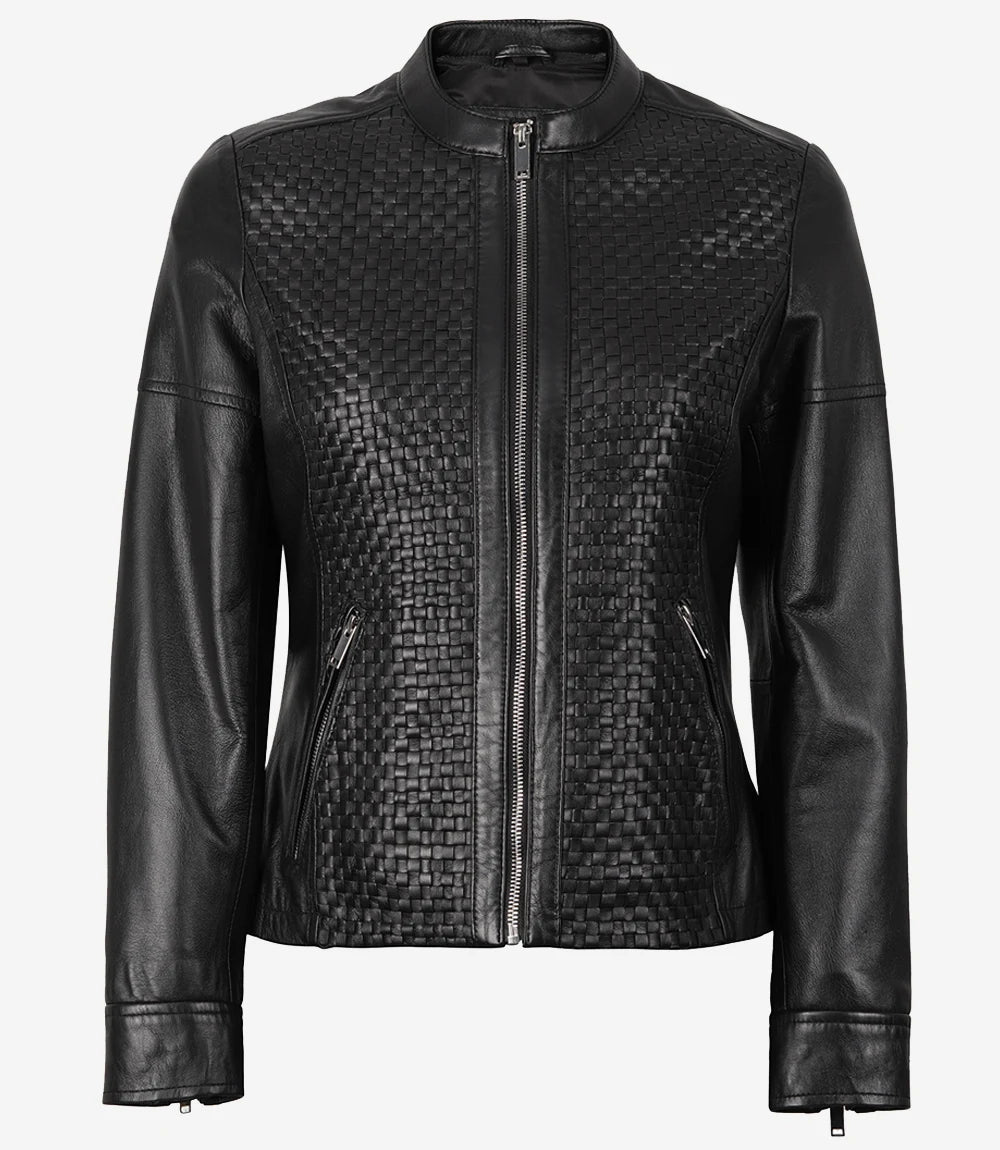 Black Real Leather Cafe Racer Textured Jacket Womens 
