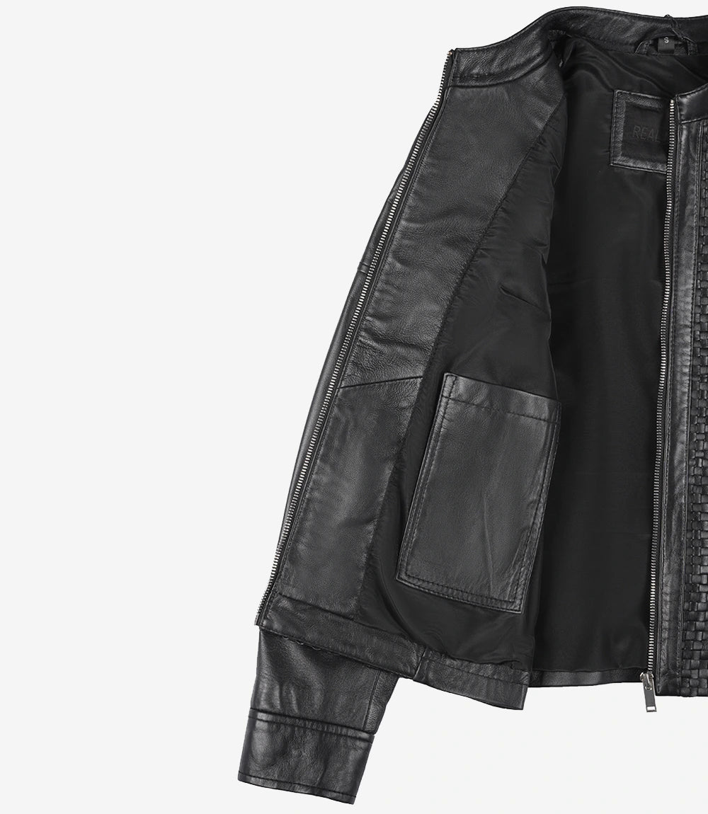 Black Real Leather Cafe Racer Textured Jacket Womens 