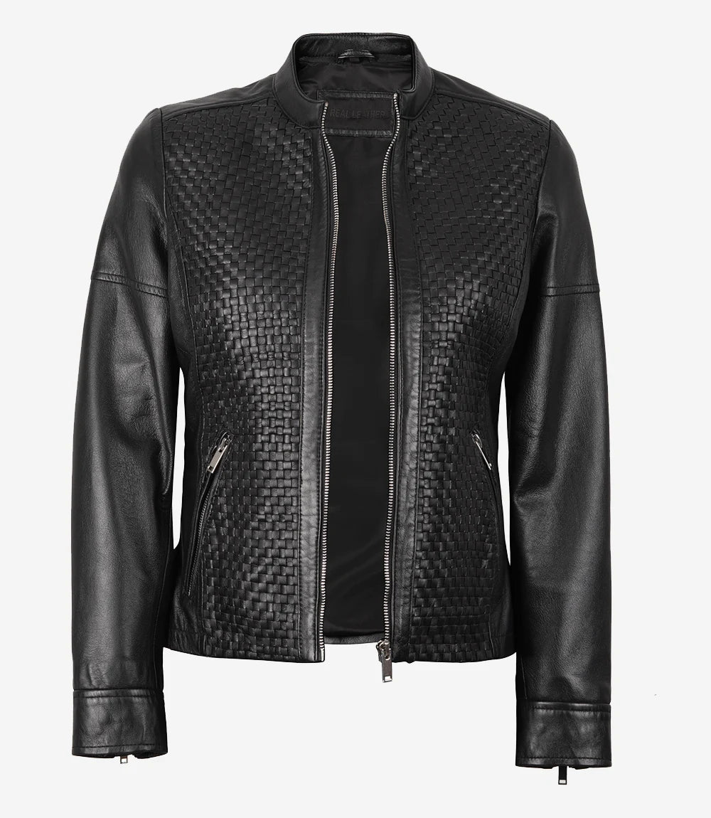 Black Real Leather Cafe Racer Textured Jackets Womens 