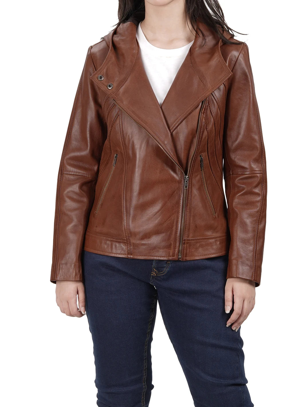 Brown Hooded Leather Jacket For Womens