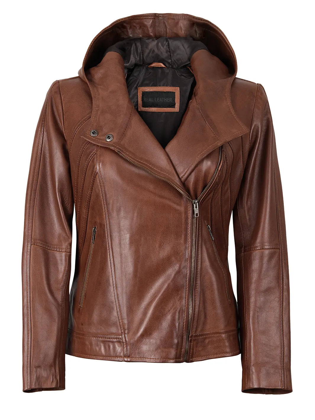 Cidra Asymmetrical Brown Hooded Leather Jacket Womens
