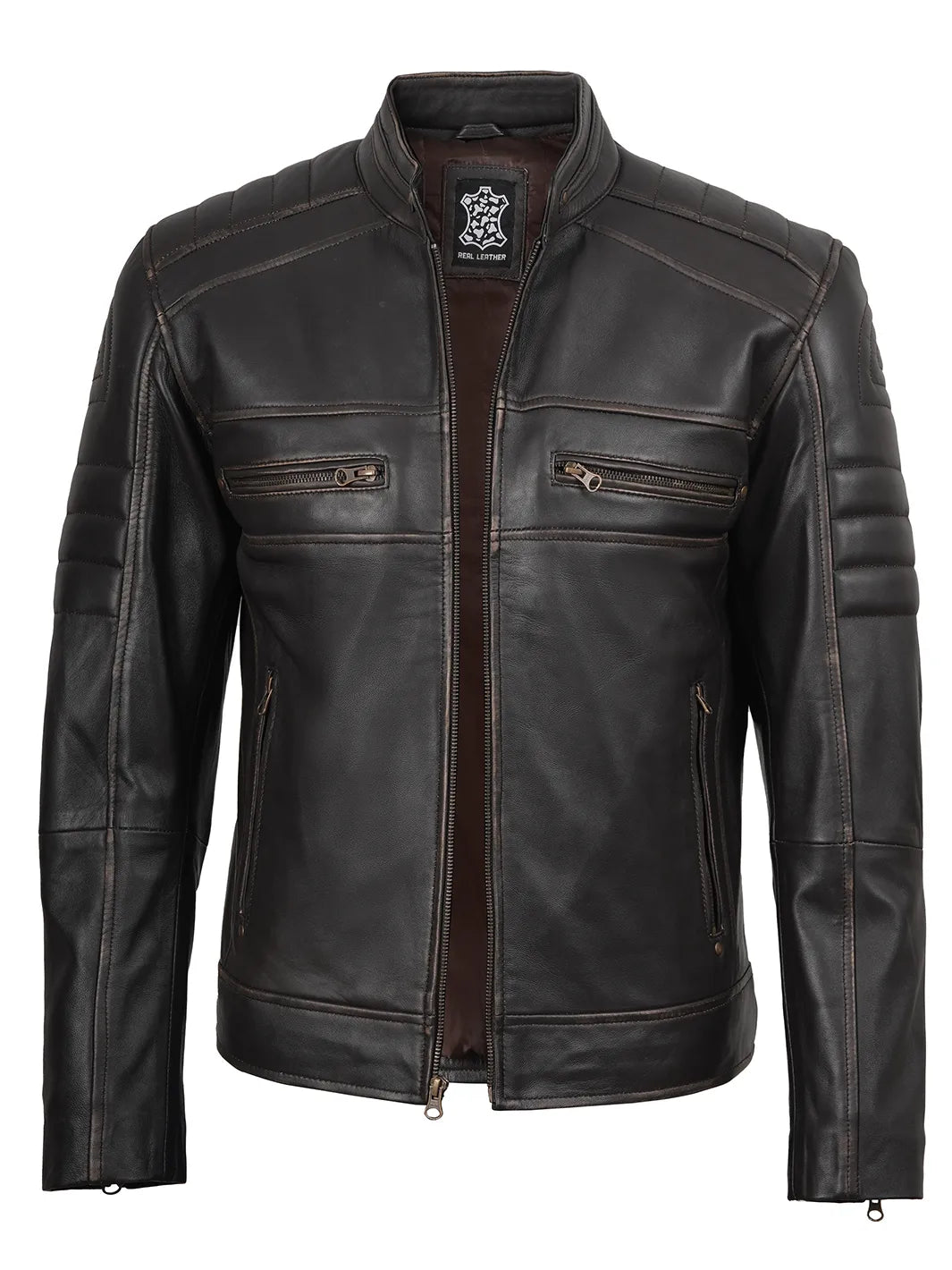 Dark Brown Cafe Racer Leather Jacket For Mens 