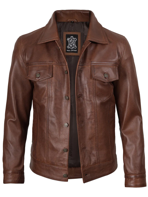 Fernando Mens Cognac Harrington Leather Trucker Jacket