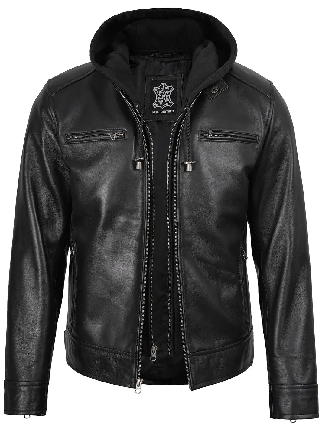 Mens Black Moto Leather Jacket Removable Hood