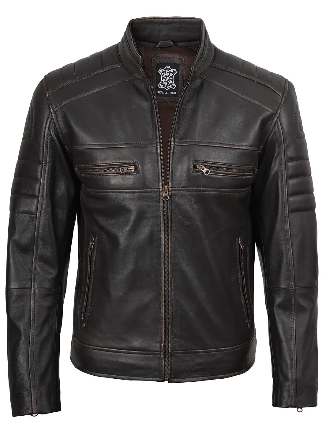 Mens Dark Brown Cafe Racer Leather Jacket 