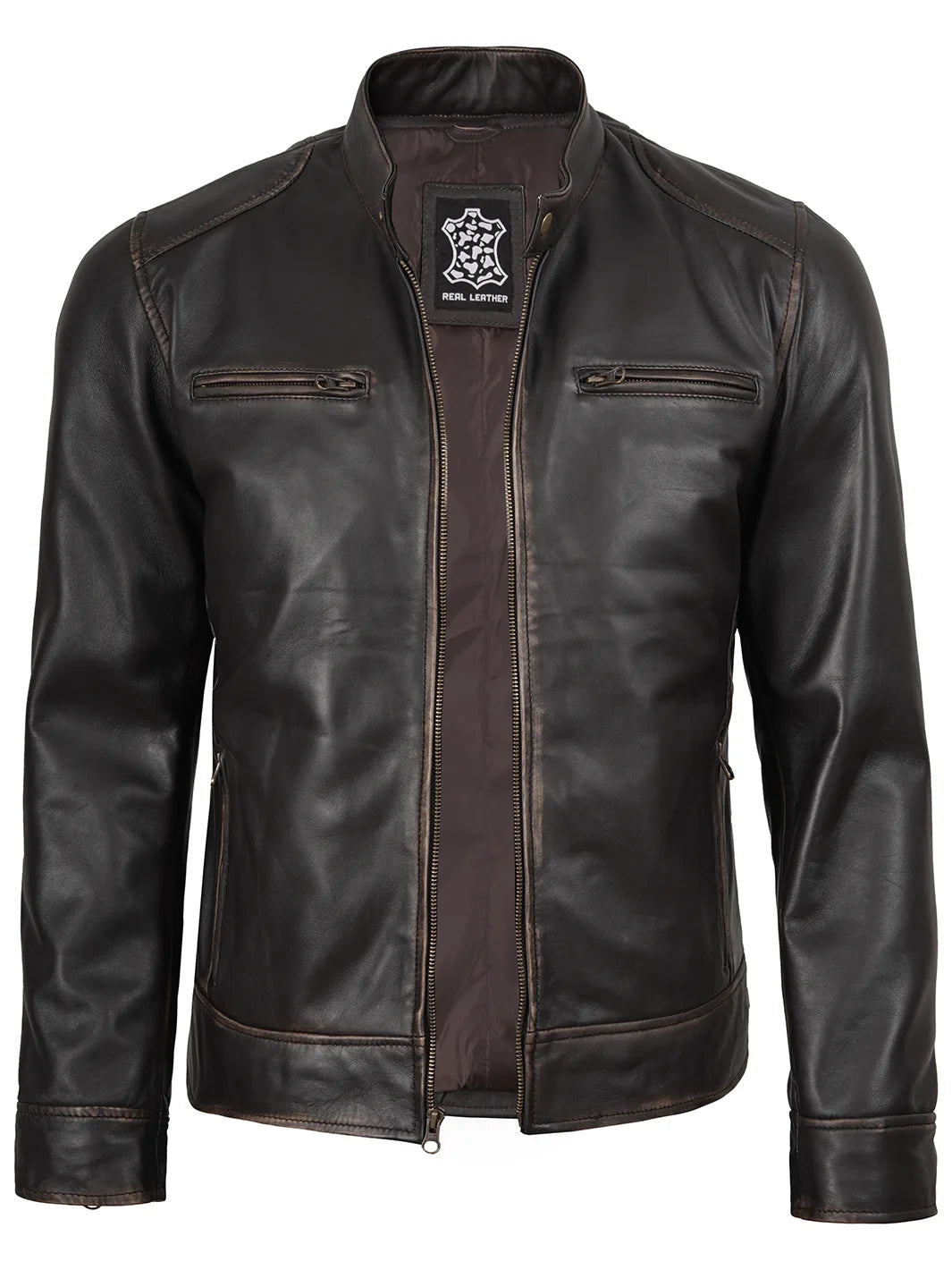 Mens Rub-Off Dark Brown Cafe Racer Leather Jacket