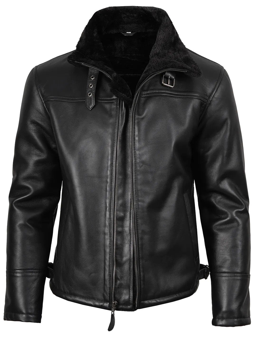 Mitchel Black Shearling Leather Bomber Jacket For Mens