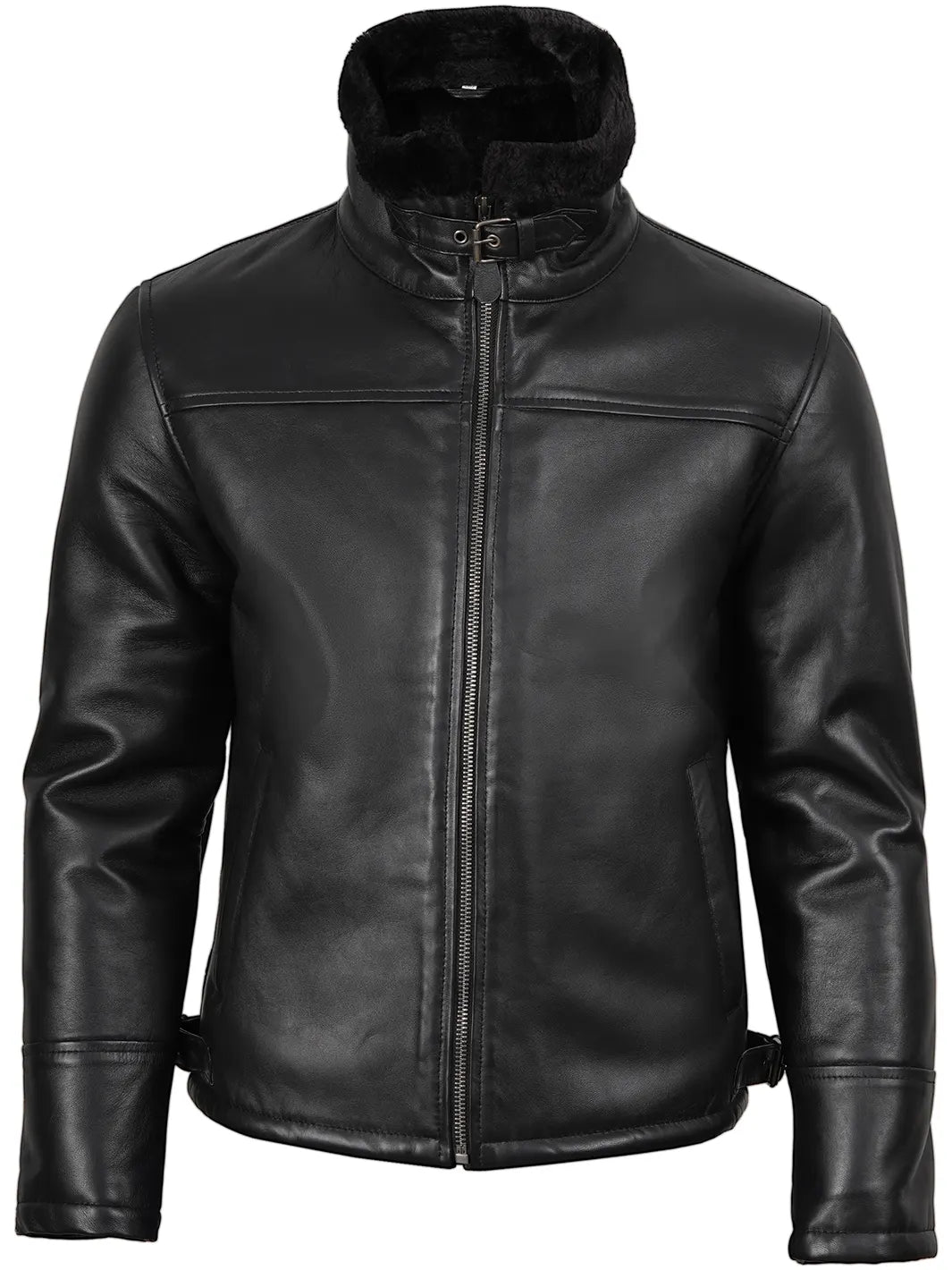 Mitchel Black Shearling Leather Bomber Jacket Mens