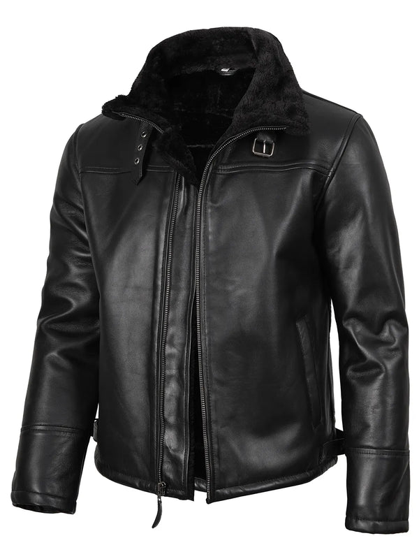 Mitchel Men's Black Shearling Leather Bomber Jacket