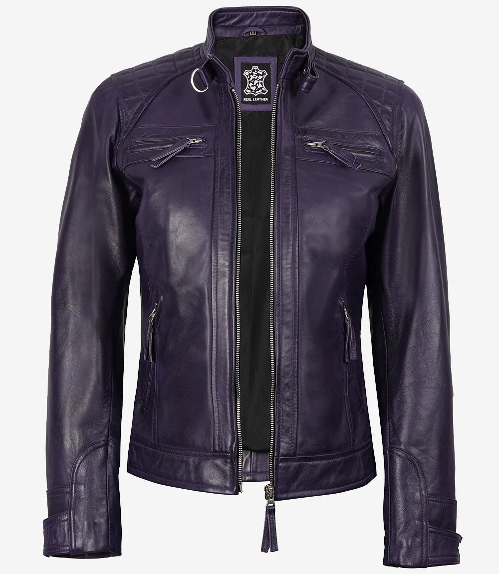 Purple Cafe Racer Leather Jacket Womens