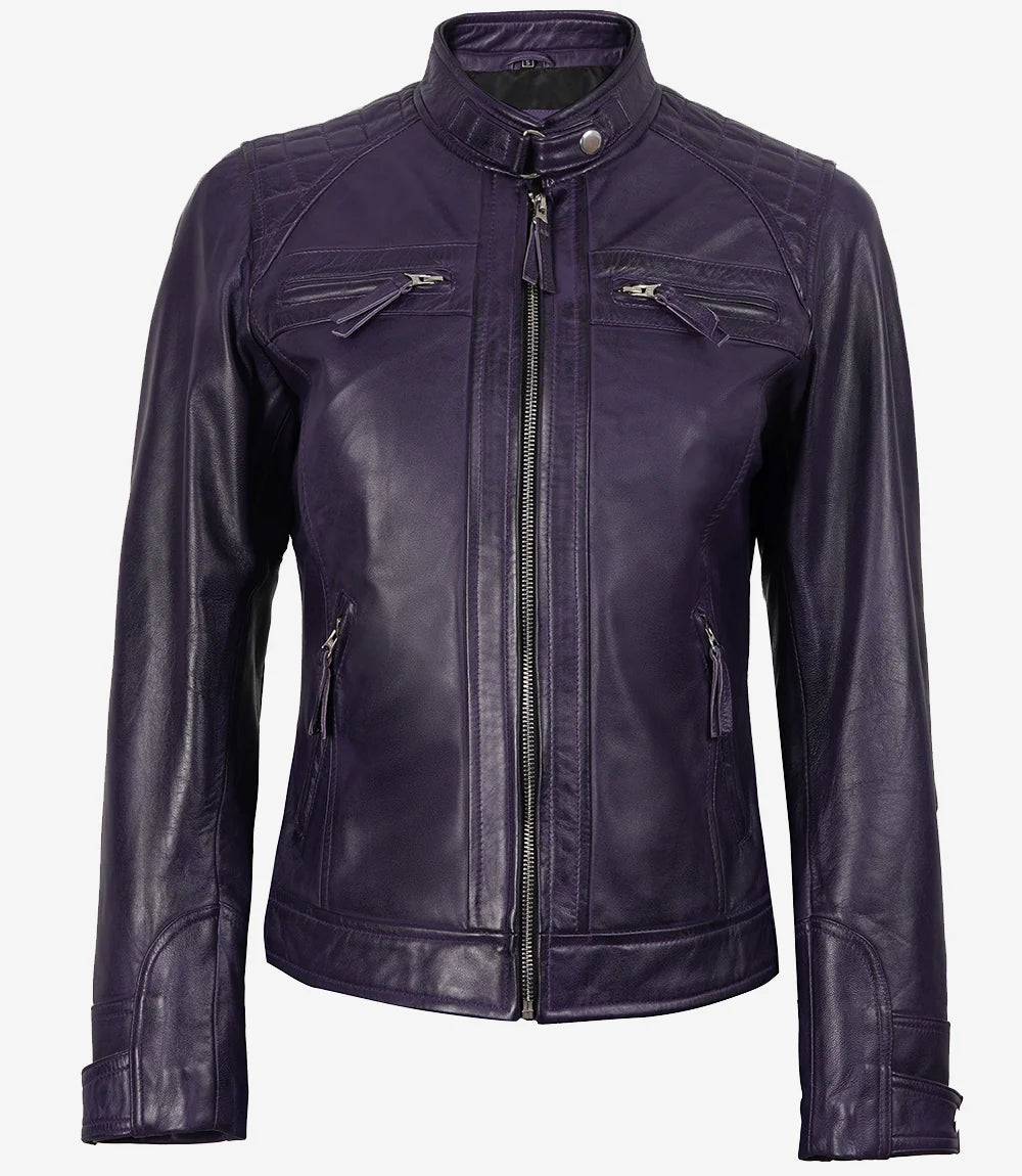 Purple Cafe Racer Leather Jacket for Women