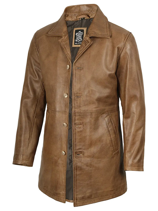 Winchester Men's Camel Brown 3 4 Length Leather Car Coat