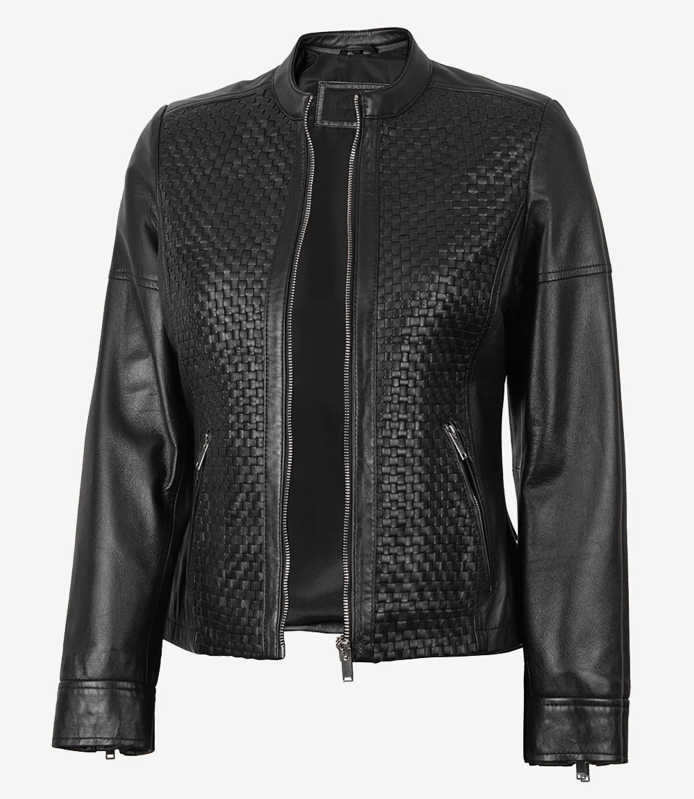 Women's Black Leather Cafe Racer Textured Jacket
