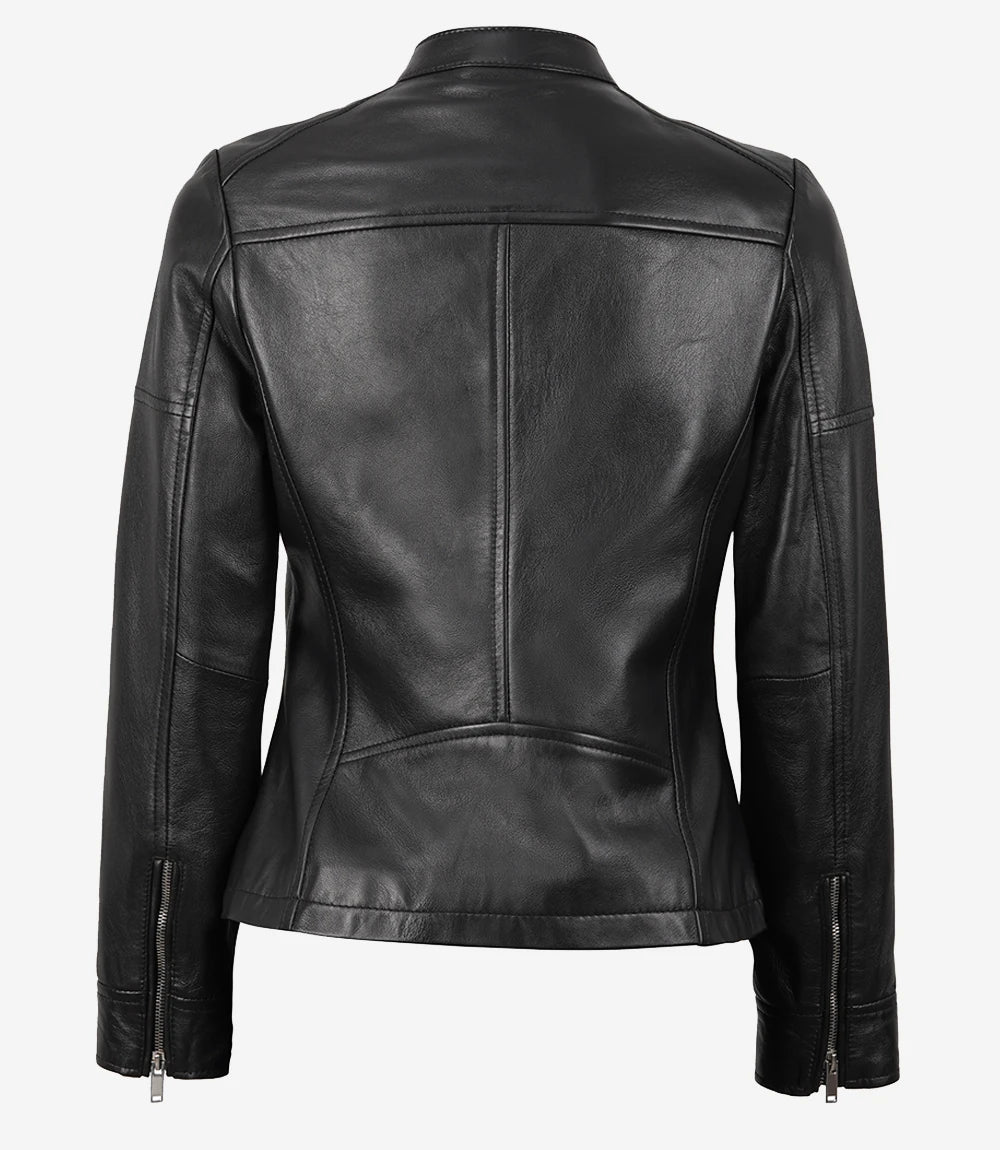 Women's Black Real Leather Cafe Racer Textured Jackets