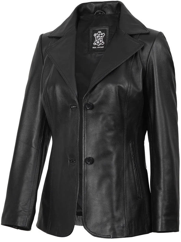 Women's Black Two Button Leather Blazer Jacket