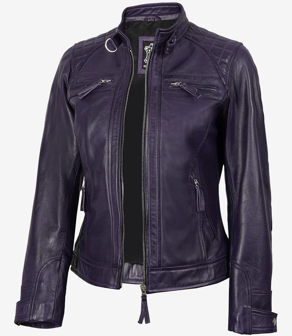 Women's Purple Quilted Cafe Racer Leather Jacket