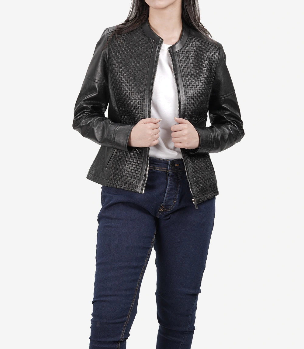 Womens Black Real Leather Cafe Racer Textured Jackets