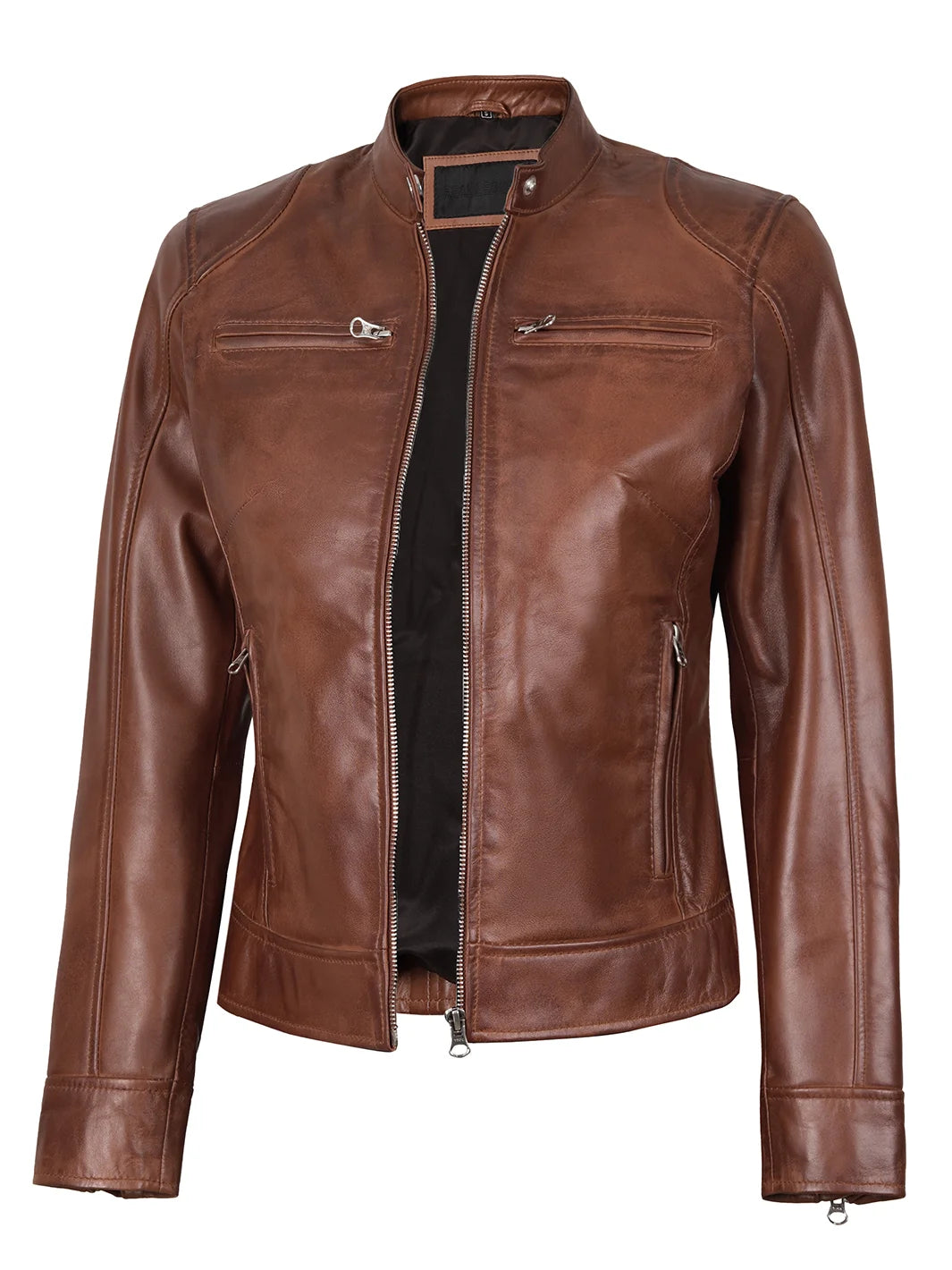 Dodge Womens Cognac Brown Motorcycle Leather Jackets