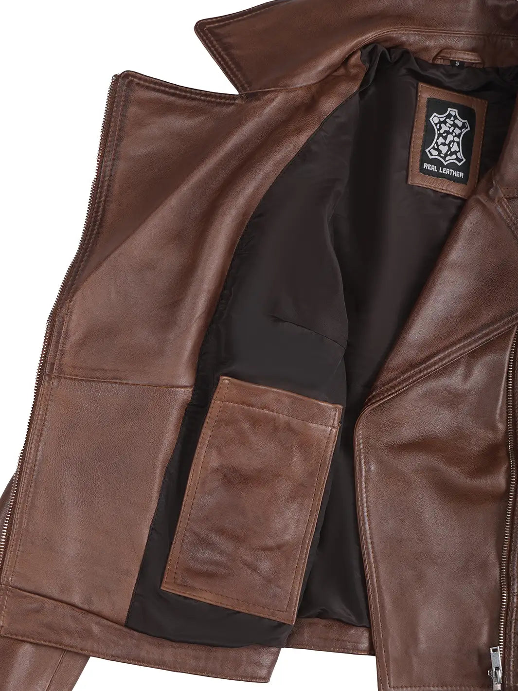 Womens Cognac Wax Leather Jacket Biker 