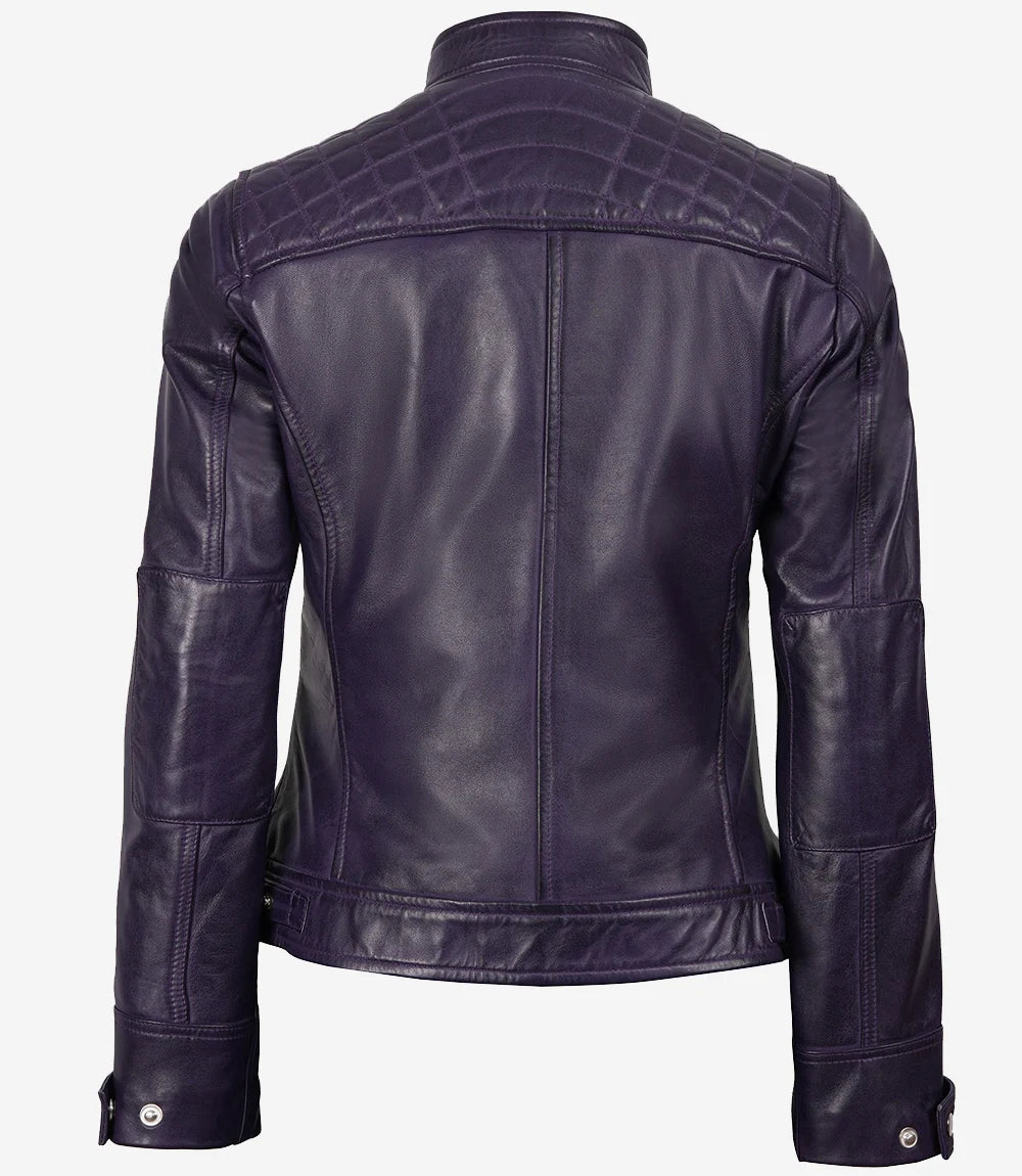 Womens Purple Quilted Cafe Racer Leather Jacket