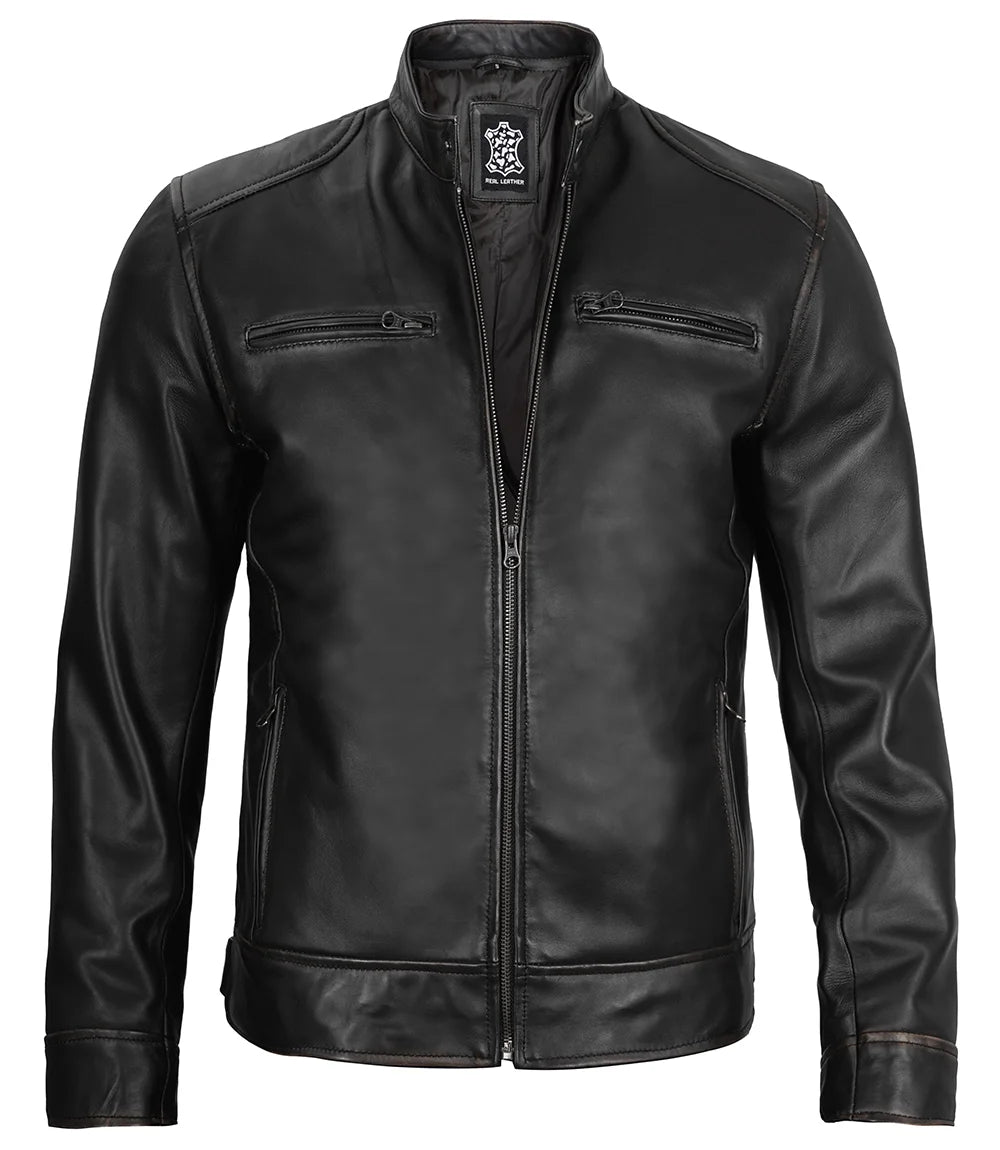 Mens real leather cafe racer jacket