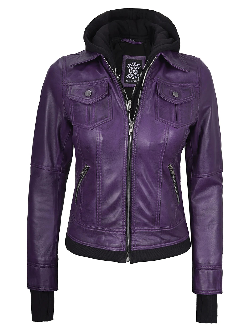 womens real leather hooded jacket