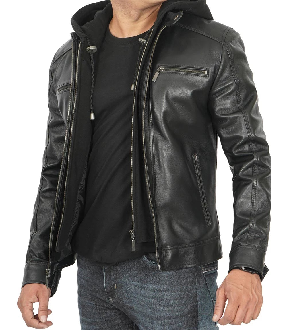 Mens leather jacket with hood