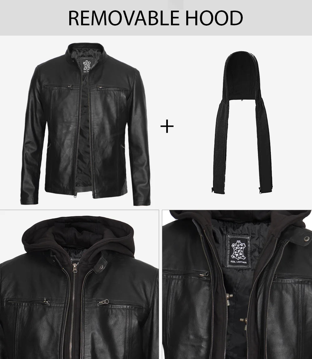 Black leather jacket with removable hood on a white background