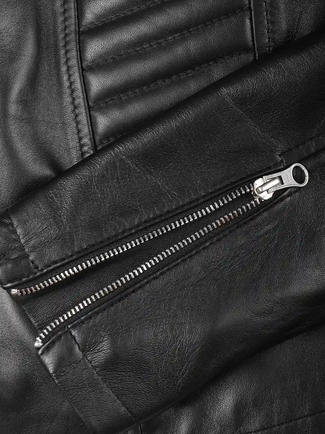Close-up of a black leather jacket with a zipper