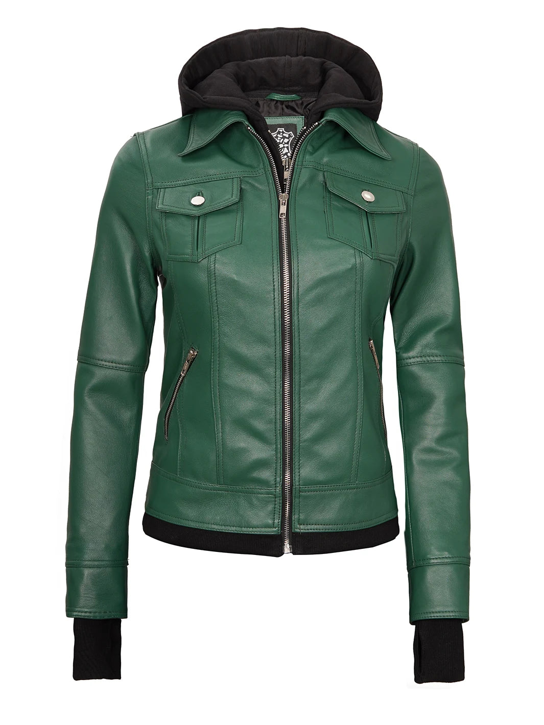 green hooded leather jacket