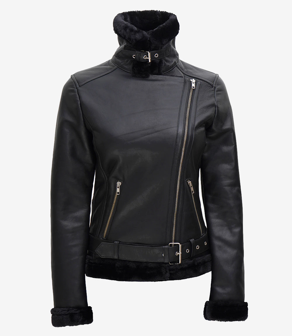 shearling real leather jacket black